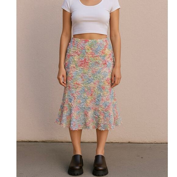 Vintage Dresses & Skirts - Y2K SNO SKINS Textured Crinkle Abstract Flare Hem A-line Midi Skirt Size Large